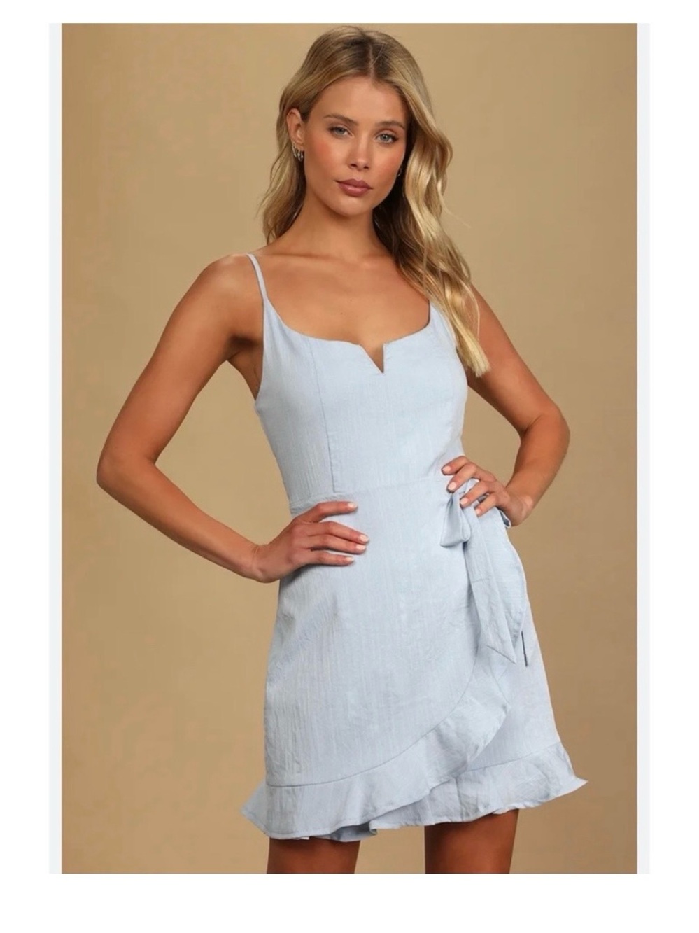Lulu's Pale Blue Spaghetti Strap Wrap-Style Mini Dress